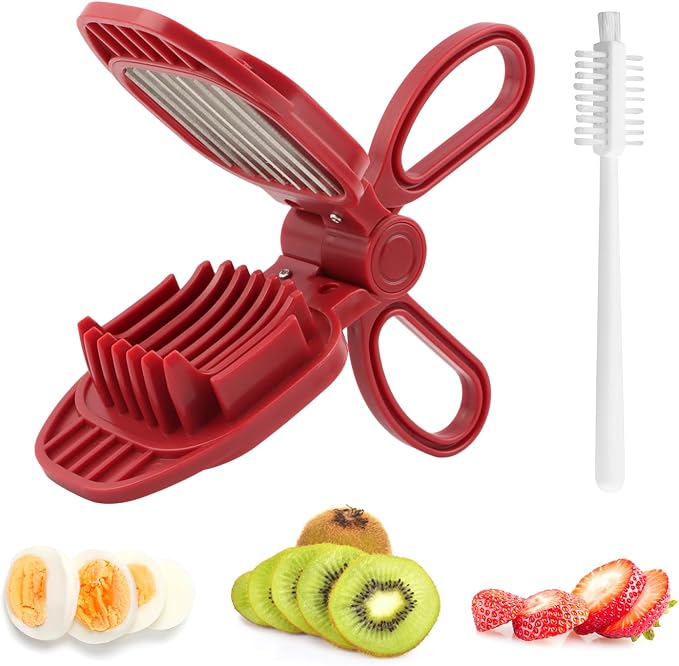Fruit Slicer Hand-Held, Strawberry, Banana Slicester, Mushroom & Egg Slicer for Hard Boiled Eggs with Stainless Blades, Dishwasher Safe, Includes 1 Cleaning Brush for Home Cooking