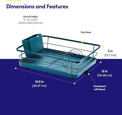 Dish Drying Rack 3 Piece Dish Drainer with Drainboard Set for Kitchen Counter – Dish Rack with Removable Utensil Holder & Swivel Spout for Countertop – DishRack for Plates, Cups & More, Teal