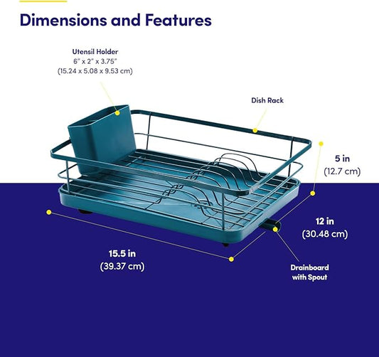Dish Drying Rack 3 Piece Dish Drainer with Drainboard Set for Kitchen Counter – Dish Rack with Removable Utensil Holder & Swivel Spout for Countertop – DishRack for Plates, Cups & More, Teal