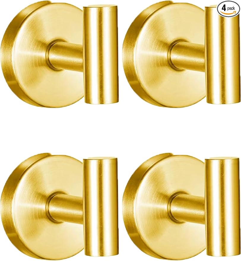 4-Pack Suction Cup Hooks, Heavy Duty 11lb Capacity Shower Hooks for Towels, No-Drill Mounting on Bathroom Glass Mirror Tiles & Smooth Non-Porous Surfaces (Gold)