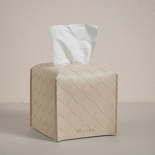 OLETHA Square Tissue Box Cover - Aesthetic Desk Decor for Room, Home & Office - Tissues Cube Boxes Holder - Woven Textured, Light Taupe, Set of 2