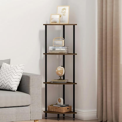 QLSPTFTS 4 Tier Corner Shelf, Bookcase for Small Spaces, Corner Display Shelf, Plant Stand, Rustic Brown and Black,Suitable for Bedroom,Living Room,Kitchen