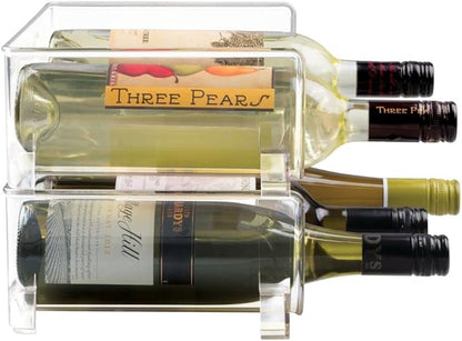 mDesign Stackable Plastic 3 Bottle Refrigerator Wine Rack - Kitchen Storage Organizer Holder for Storing Champagne, Wine, and Water Bottles - Stacking Wine Bottle Organizer for Fridge - 2 Pack - Clear
