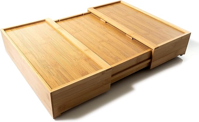 Forest & Twelfth Expandable Bamboo Kitchen Drawer Organizer for Storage Bags, Gallon, Quart, Snack, Sandwich Size, Plastic Wrap Foil Dispenser with Prep Bag Holder, Eco-Friendly Kitchen Organization