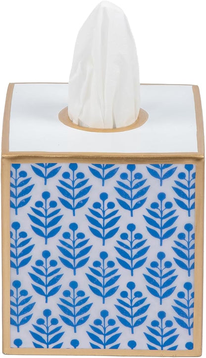 Jaye’s Studio Lottie Decorative Blue Tissue Box Cover Square, Bottomless Enameled Metal Decorative Tissue Holder for Bathroom, Bedroom Vanity, Office, Handpainted Blue and White Floral Bathroom Decor
