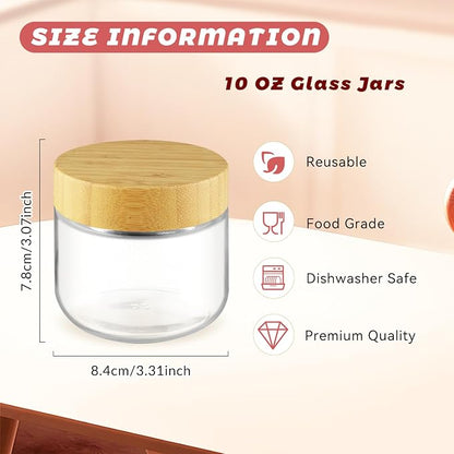 Wresty Empty Clear Glass jars with Airtight Lids Overnight Oats Containers Glass Food Storage Containers Glass Mason Jars For Yogurt Snacks Spice Sugar Jam And More (3 Pcs Bamboo Lids, 300ml/10oz)
