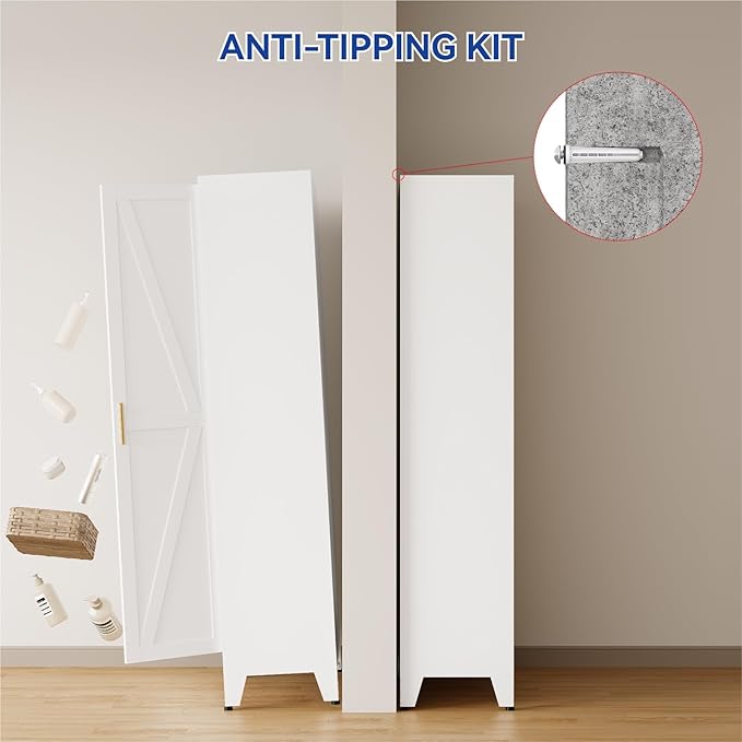 COFaR Farmhouse Kitchen Pantry Cabinet, 61 in Tall Metal Storage Cabinet with 3 Adjustable Shelves and 2 Barn Doors, Freestanding Cupboard for Garage Kitchen Office Bathroom Laundry, White 4 Tiers