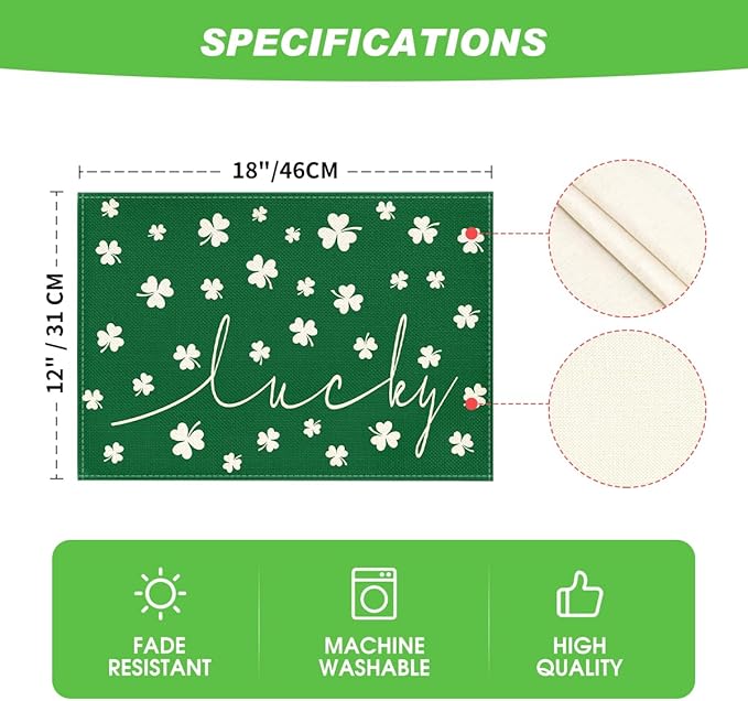 Artoid Mode Green Lucky Shamrock St. Patrick's Day Placemats Set of 6, 12x18 Inch Seasonal Spring Table Mats for Party Kitchen Dining Decoration