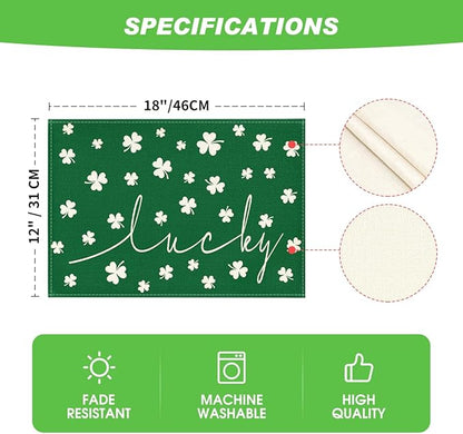 Artoid Mode Green Lucky Shamrock St. Patrick's Day Placemats Set of 6, 12x18 Inch Seasonal Spring Table Mats for Party Kitchen Dining Decoration