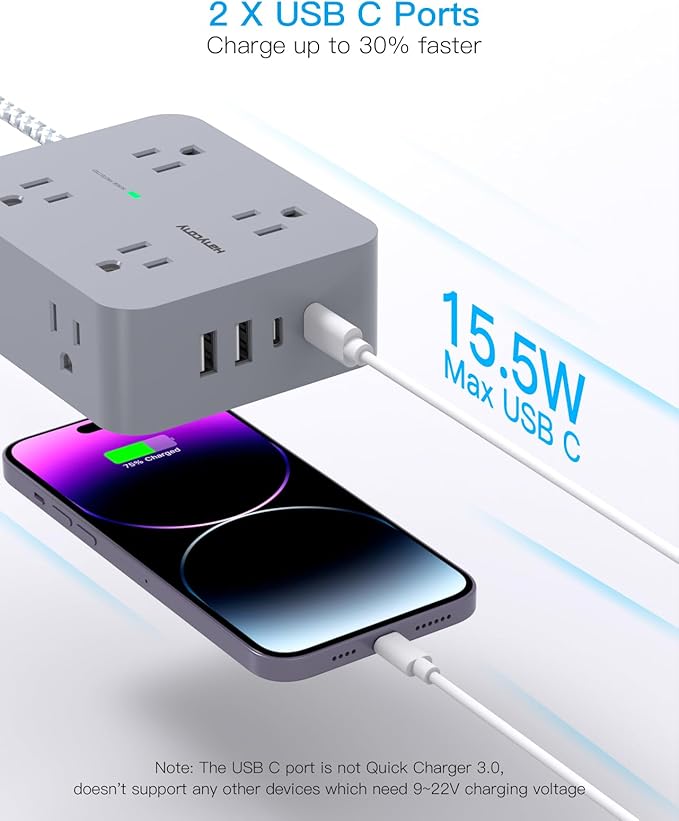 Surge Protector Power Strip 15 Ft Long Cord, HANYCONY 8 Outlets 4 USB Ports(2 USB C), Flat Plug, Desk Charging Station for Home Office College Dorm Room Essentials