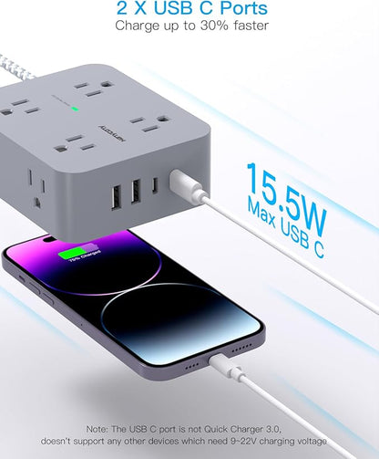 Surge Protector Power Strip 15 Ft Long Cord, HANYCONY 8 Outlets 4 USB Ports(2 USB C), Flat Plug, Desk Charging Station for Home Office College Dorm Room Essentials