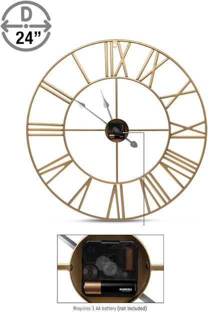 Sorbus Large Wall Clock for Living Room Decor - 24 inch Big Wall Clock Decorative - Battery Operated - Roman Numeral Analog Large Clock for Bedroom, Room, Home, Kitchen, Office, Wall Decor (Gold)
