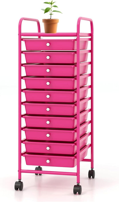 OFFICEJOY Storage Cart, Rolling Utility Cart with 10 Drawers, Portable Handles & Lockable Wheels, Mobile Paper Toys Storage Organizer Large Capacity for Home Office School Teacher (Hot Pink)