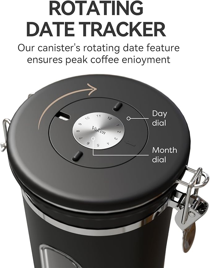 Veken Coffee Canister with Window,Airtight Stainless Steel Pantry Container,Kitchen Food Storage Organizers for Beans,Ground,Espresso,Rice,Tea,Sugar, Cereal, Bar Accessories,Gifts,Lids,Jars,22OZ,Black