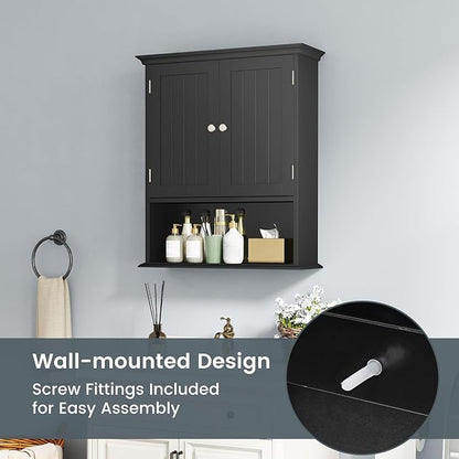 Tangkula Bathroom Wall Cabinet, Wooden Hanging Storage Cabinet with Doors & Shelves, Multipurpose Storage Cabinet for Restroom Kitchen Living Room, Wall Mounted Bathroom Medicine Cabinet (Black)