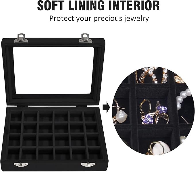 Vicoter Velvet Jewelry Box 24 Grid Jewelry Ring Display Organiser Box Tray Holder Earrings Storage Case for Girls Wife Mom Women (Black)