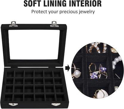 Vicoter Velvet Jewelry Box 24 Grid Jewelry Ring Display Organiser Box Tray Holder Earrings Storage Case for Girls Wife Mom Women (Black)