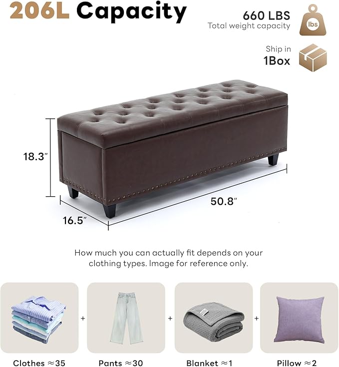 Tbfit 50.8“ Large Ottoman Storage Bench for Bedroom, Oversized Tufted Upholstered Entryway Benches End of Bed, Rectangle Dorm Foot Stool with Safety Hinge & Solid Wood Legs, Loads 660 lb, Dark Brown
