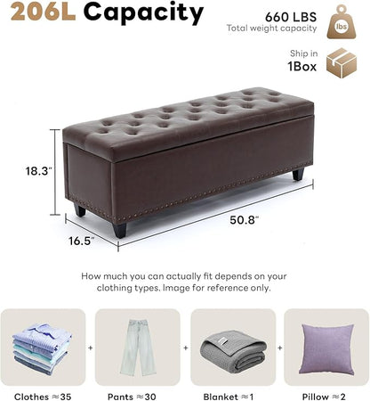 Tbfit 50.8“ Large Ottoman Storage Bench for Bedroom, Oversized Tufted Upholstered Entryway Benches End of Bed, Rectangle Dorm Foot Stool with Safety Hinge & Solid Wood Legs, Loads 660 lb, Dark Brown
