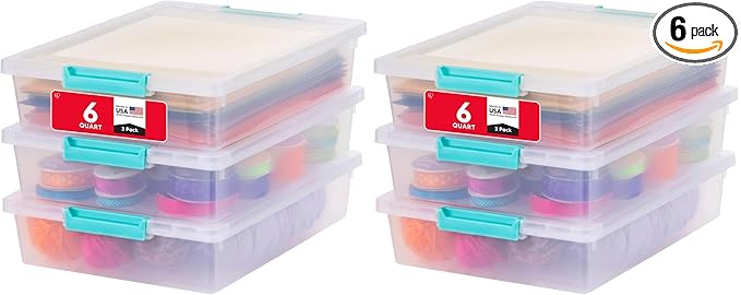 IRIS USA 6 Qt. Craft Storage Bins with Lids, 6-Pack, |Made in USA|, Clip Box, Small Plastic Sensory Bin Tote Organizer Containers for Art Supplies, Paper, & Office, Stackable - Clear/Seafoam Blue