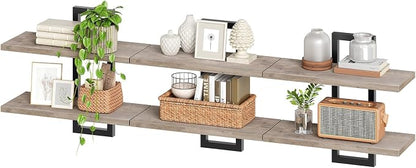HOOBRO Floating Shelves, 15 Inch Wall Shelf Set of 3, Wall Mounted Storage Shelves 2-Tier, Hanging Bathroom Shelves, for Living Room, Bedroom, Bathroom, Kitchen, Greige and Black BG32BJP301