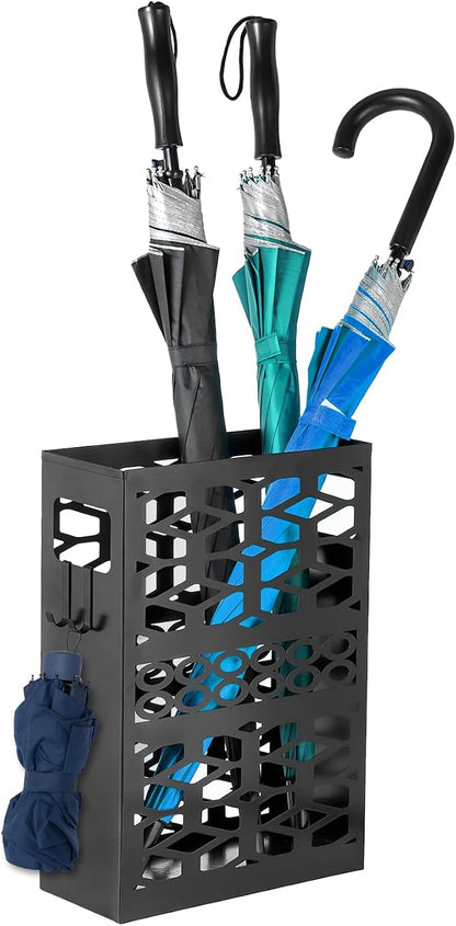 ZENFUN Rectangle Metal Umbrella Stand with 2 Hooks, Entryway Umbrella Holder & Walking Cane Storage, Umbrella Organizer Freestanding for Home, Office, Hotel, Black