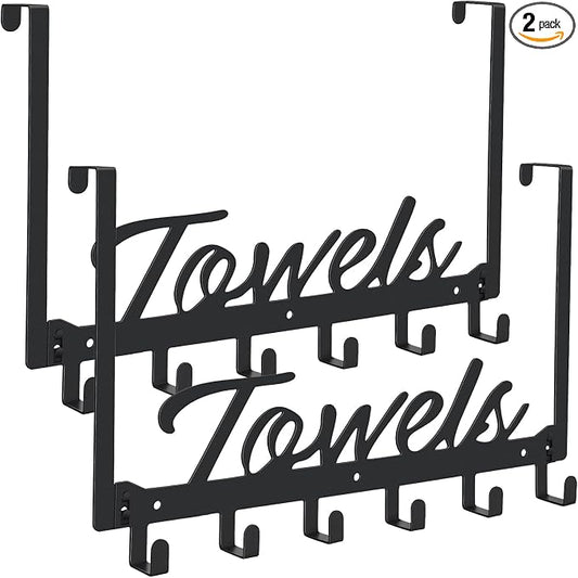Azmoncy 2 Pack Over The Door Hooks, Towel Rack for Bathroom Towel Holder for Hanging Heavy Duty, Over Door Towel Hanger with 12 Coat Hooks for Bedroom Bathroom Kitchen Towels, Bag, Hats, Black