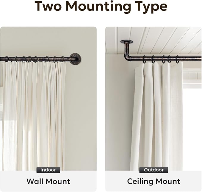 Zeerobee Curtain Rods for Windows 48 to 84, 1 Inch Industrial Wrap Around Vintage Bronze Curtain Rod, Indoor/Outdoor Room Divider Adjustable Drapery Pole, 48"-86"