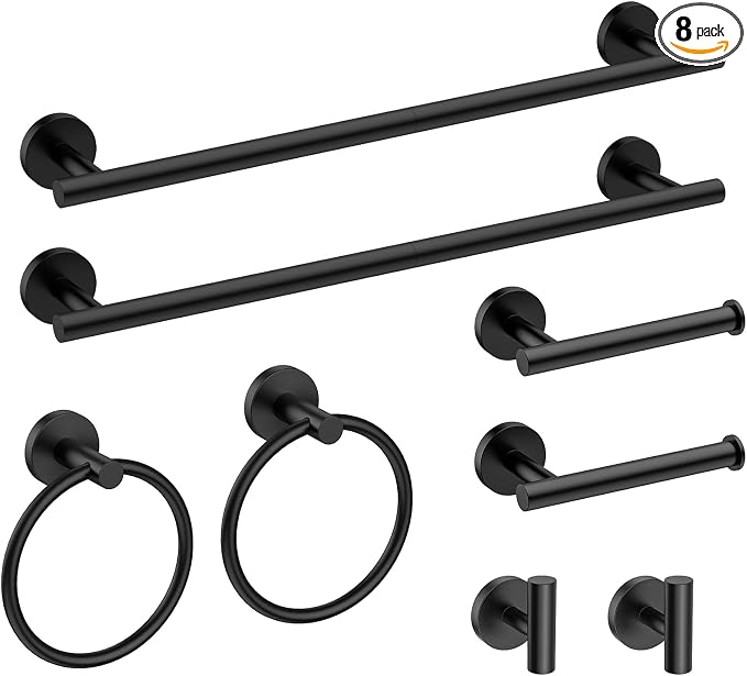 USHOWER Matte Black Bathroom Hardware Set, Modern 18-Inch Towel Bar Set Wall Mounted, Durable SUS304 Stainless Steel Bathroom Accessories Set, 8-Piece