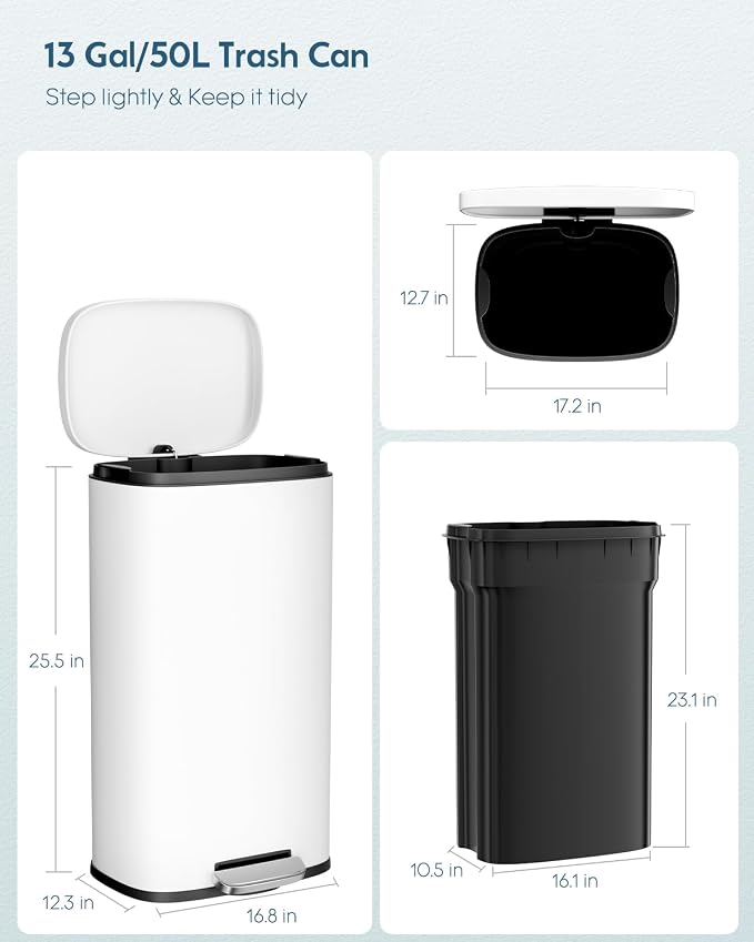 Arlopu13.2 Gallon Step Trash Can, Stainless Steel Garbage Bin, Soft-Close Rubbish Bin with Removable Plastic Inner Bucket, Fingerprint-Proof, Lid Dustbin, Suit for Kitchen Home (White, 50L)