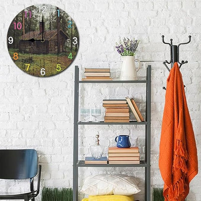 Forest Wooden House Wall Clock 10 Inch Wooden Battery Operated Autumn Forest Maple Leaves Wall Clocks Decorative Indoor,Decorative for Kitchen Bathroom Bedroom