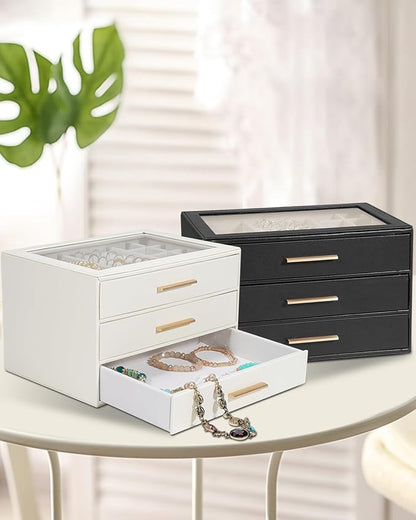 Jewelry Box for Women, Glass Lid Jewelry Organizer with 3 Drawers PU Jewelry Storage Case for Necklaces Rings Earrings Bracelets, White