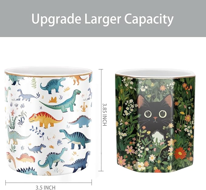 WAVEYU Pen Holder, Pencil Cup for Desk, Cute Makeup Brush Holder, Durable Ceramic Organizer Decor for Room, Office, Classroom, Cute Dinosaur Pattern
