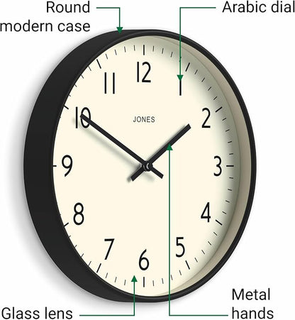 JONES CLOCKS® Studio wall Clock | Modern Round Style | 12 inch | Black | Easy to Read Numbers | Versatile Design for Kitchen, Living Room or Office