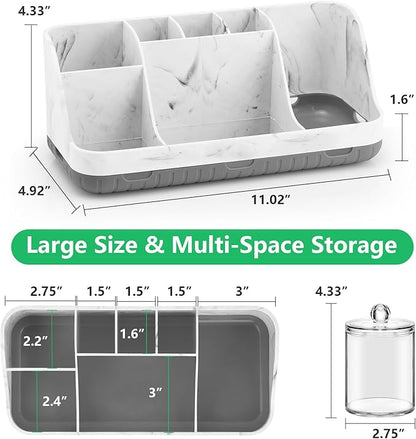 GFWARE Bathroom Toothbrush Holder Set with 2 Pack Qtip Holder Dispenser - Detachable 7 Slots Bathroom Accessory Set, Kids Marble Bathroom Sink Counter Set, Bathroom Essentials Decor, Grey