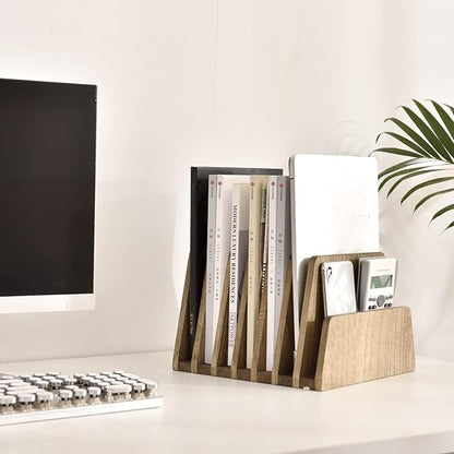 KIRIGEN Wood File Mail Organizer 7 Slots File Paper Holder Desktop Wood Document Letter Holder Organizer for Home Office Brown (7KWJJ-DBR)