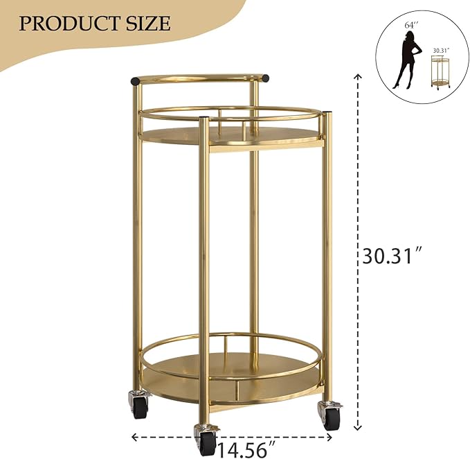 Bar Cart Gold Rolling Cart for Home,2 Tiers Bar Serving Cart Round Wine Cart with Handle, Metal Wine Rack and Casters, Serving Bar Trolley for Home Kitchen,Living Room,Christmas,New Year