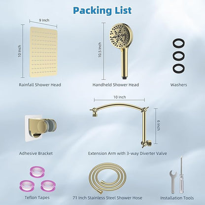 Hibbent All Metal cUPC Certified Shower Head, 10'' High Pressure Rain Shower Head, Handheld Showerhead Combo with 16'' Adjustable Extension Arm, 10 Sprays, 71'' Hose, Shower Holder, Polished Brass