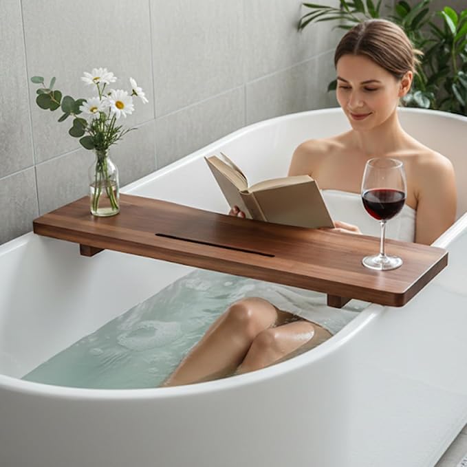 Acacia 1.2" T Wood Bathtub Tray Caddy for Freestanding Tub, 35" L Adjustable Bath Tray for Tub, Luxury Spa Bathroom Tray Organizer Table, Bath Tub Accessories for Women, Housewarming, Birthday Gifts