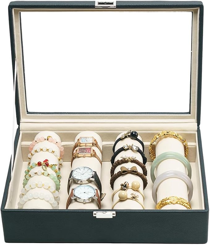 Bracelets Organizer Rods Bangles Display Holder, Clear See through Lid Leather Velvet Jewelry Storage Box Case for Women, 4 Rods Black Leather