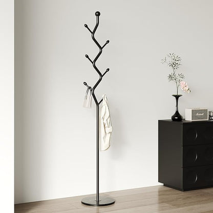 Creative Tree Branch-Look Coat Rack Freestanding with 6 Hooks & Sturdy Marble base Metal Clothes Hanger Stand for Entryway/Mudroom/Bedroom/Hallway/Home Office (Matte black)