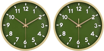 HIPPIH Wall Clock 2 Pack, 10 Inch Modern Wall Clocks Battery Operated, Non Ticking Silent Wall Clock, Simple Small Analog for Living Room, Bedroom, Kitchen, School, Office, Green