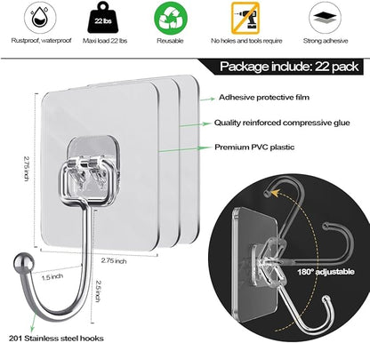 ZESLMG Large Adhesive Hooks for Hanging, 22 Pack Self Sticky Wall Hooks Heavy Duty 15lb Clear, Removable Shower Hook No Damage for Towel Key Coat Wreath Picture Outdoor Bathroom Kitchen, Waterproof