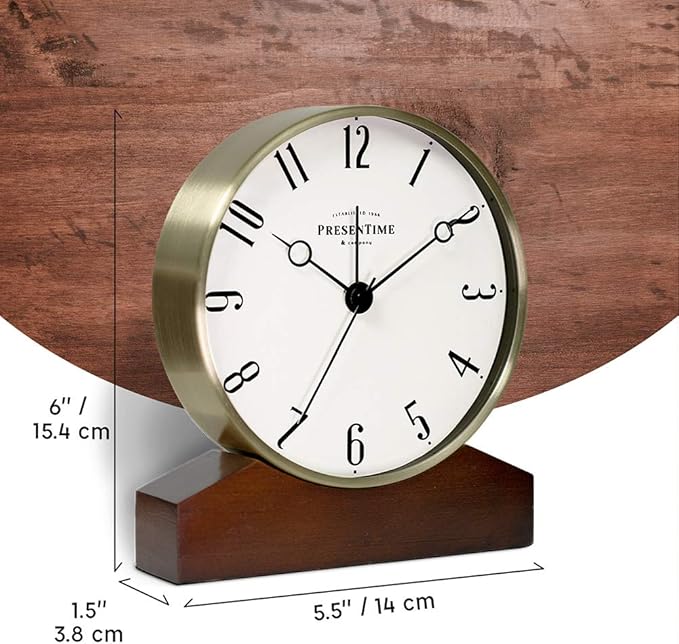 Presentime & Co Mozart Mantel Alarm Clock, Desk and Shelf Clock, Tabletop Decoration, 6 x 5.5 inch, Silent no Ticking, Wooden Base, Walnut Finish, Golden Color, Arabic Numeral