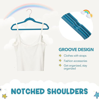 HOUSE DAY Velvet Kids Hangers 60 Pack, Premium Childrens Hangers for Closet, Ultra Thin Cute Clothes Hanger, Non Slip Small Felt Hanger 14 Inch for Kids Clothes, Light Blue