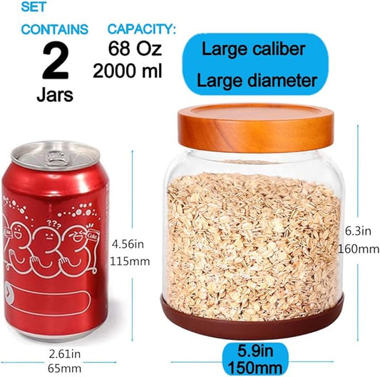 SAIOOL 2-Pack Striped Borosilicate Glass Airtight Canisters - Big mouth Large Capacity, Acacia Wood Lid, Food Storage Jars for Flour, Pasta, Pantry Organization (1/2 Gallon （Strew 2 pack）)