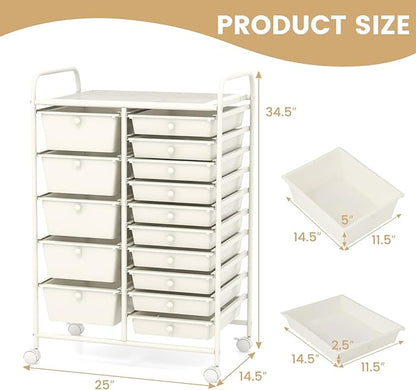 LDAILY 15 Drawer Rolling Storage Cart, Rolling Cart with Drawers for Classroom, Art Supply Craft Organizer on Wheel with Metal Frame & Handles for Home Office School