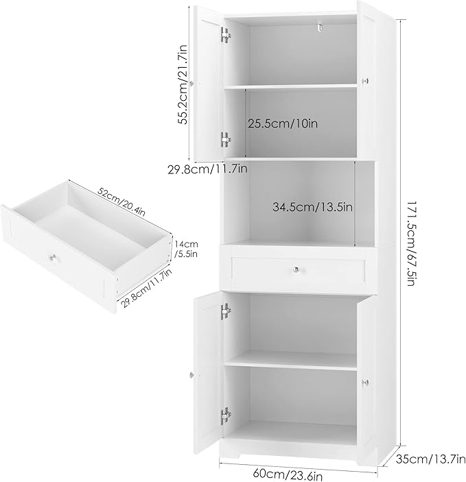 Tall Bathroom Storage Cabinets with Drawer, Modern Linen Cabinet with Doors & Shelves, 67"H Tall Storage Cabinet Freestanding for Bathroom, Dining Room, Kitchen & Pantry, Laundry, Narrow Corner, White