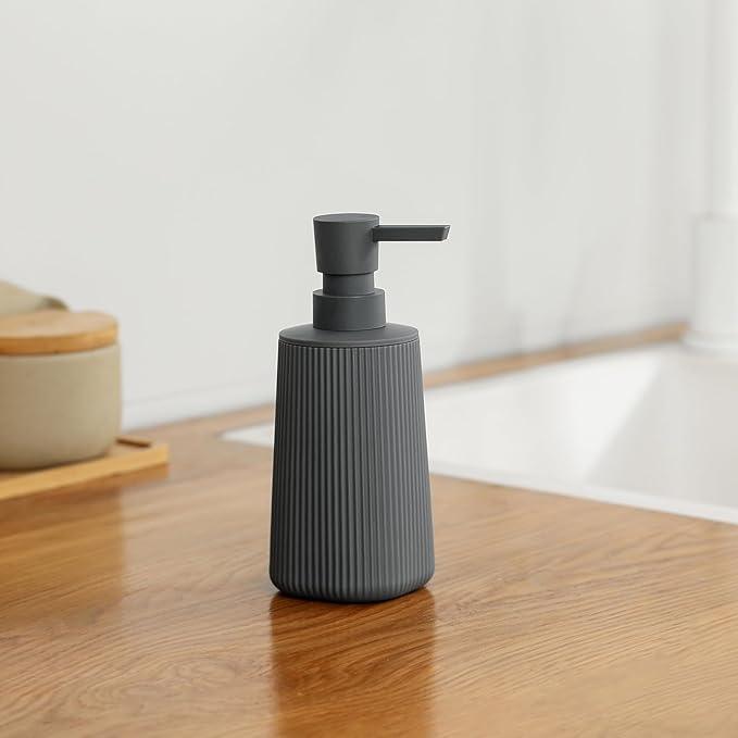 Small Soap Dispenser for Bathroom and Kitchen, Modern Farmhouse Striped Style Plastic Hand Soap Dish Soap Dispenser with Pump Matte Dark Gray