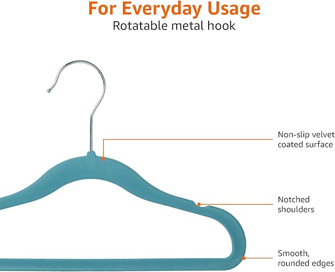 Amazon Basics Kids Velvet, Non-Slip Clothes Hangers for Infant and Toddler, 11.6 inches (for baby clothes), Pack of 50, Blue